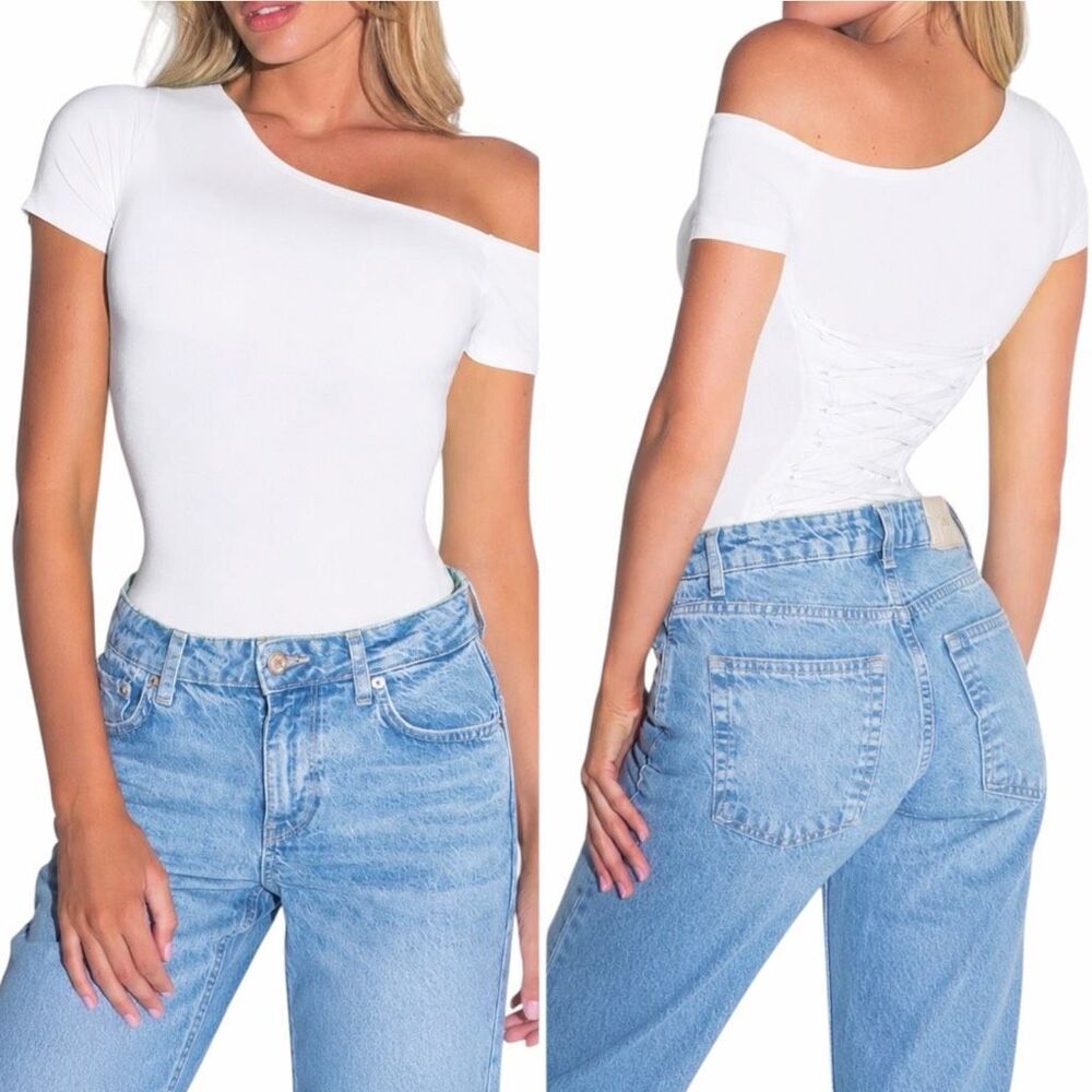NEW TA3 Mega Sculpting One Shoulder Short Sleeve Top White XL Asymmetrical